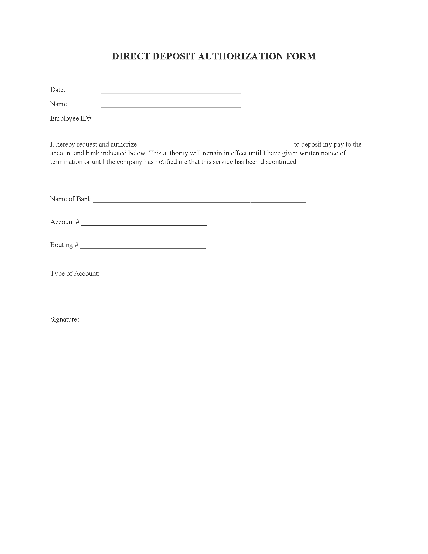 Direct Deposit Authorization Form Fillable PDF Free Printable Legal Forms