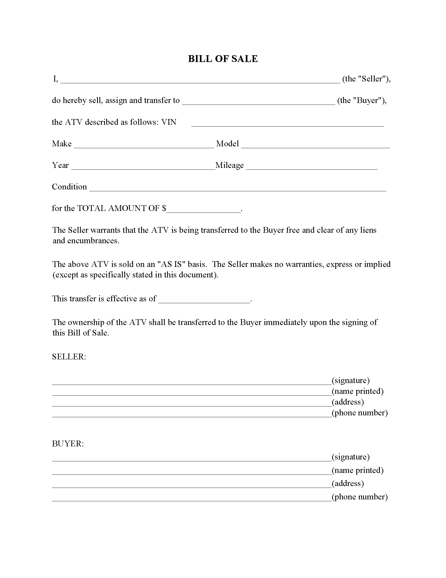 basic bill of sale form printable