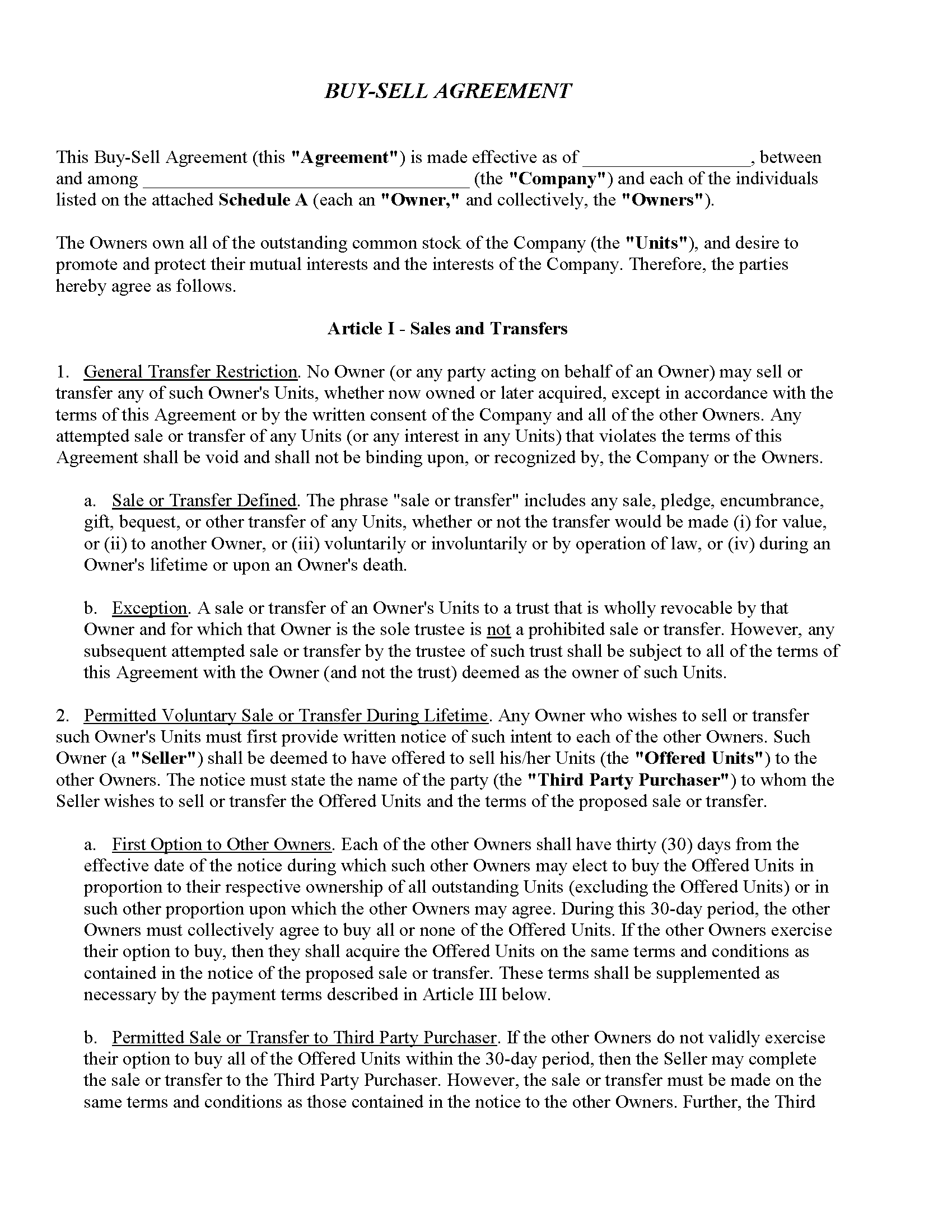 Corporate Buy Sell Agreement Template