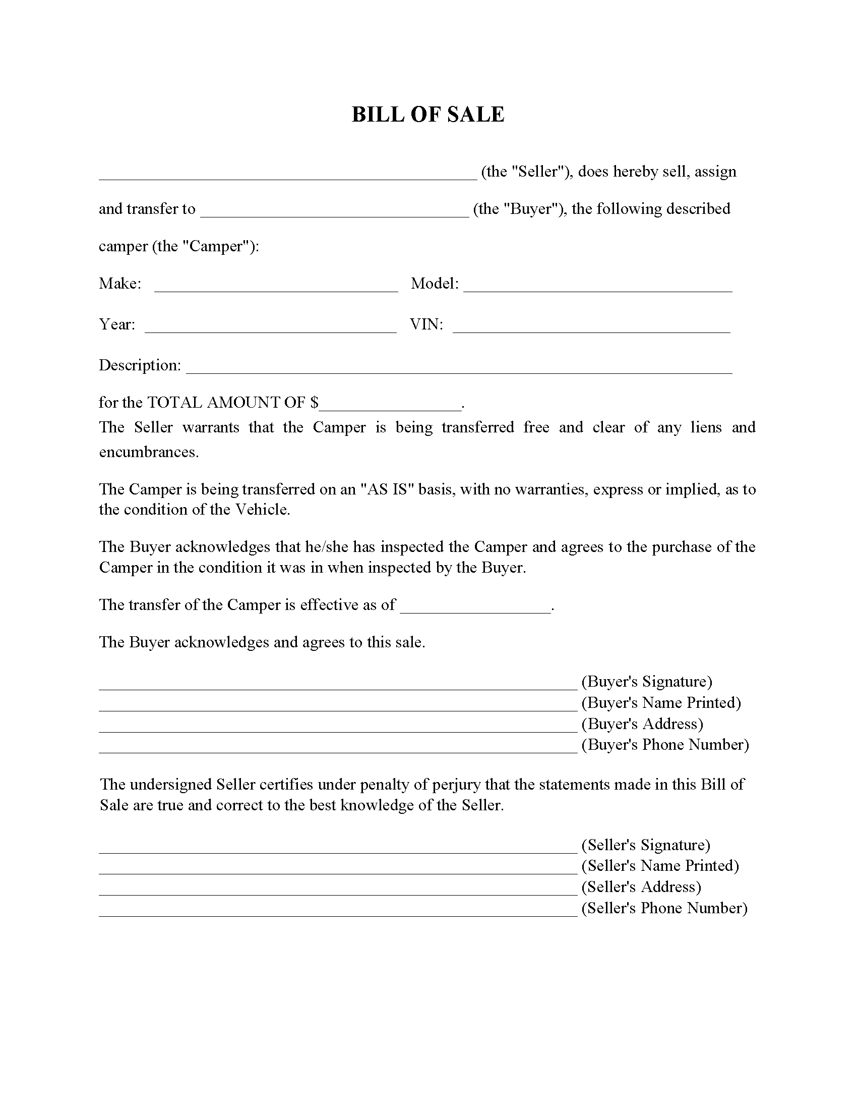 Camper Bill Of Sale Form Free Printable Legal Forms