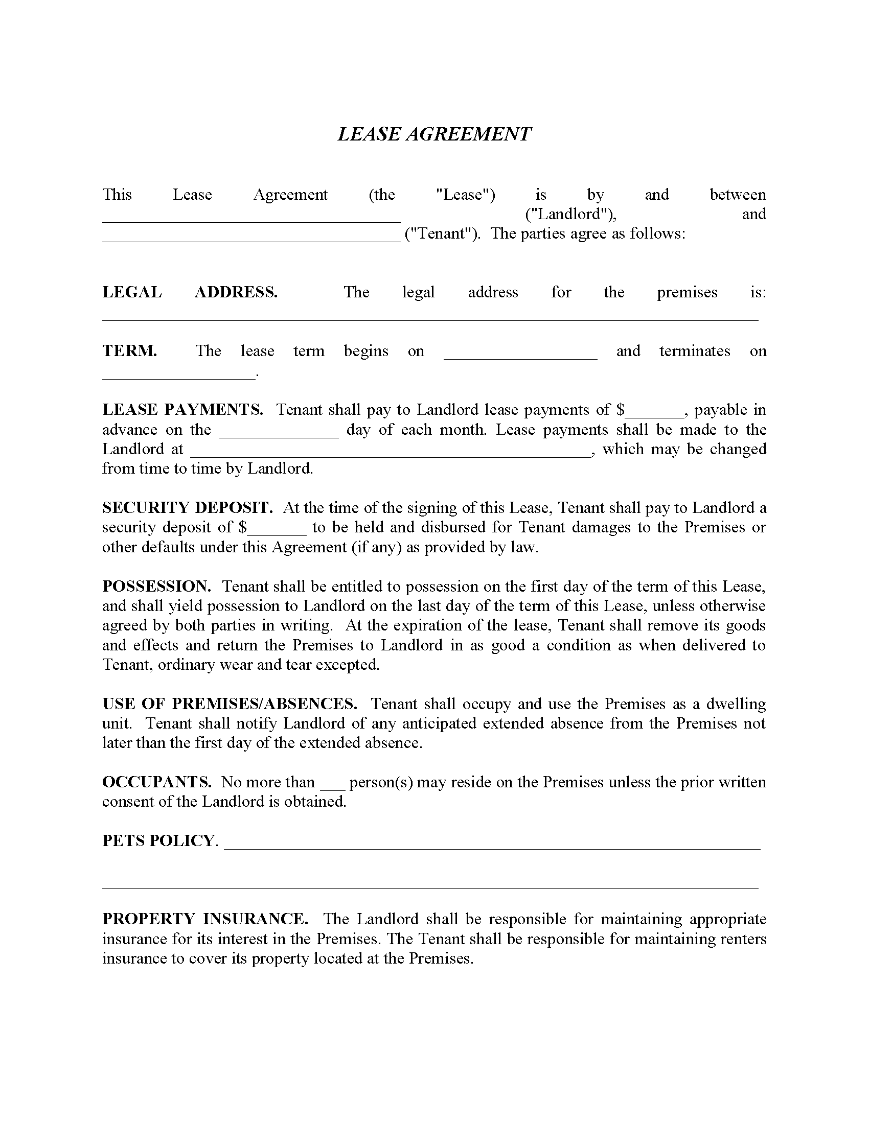 Residential Lease Agreement Fillable PDF Free Printable Legal Forms