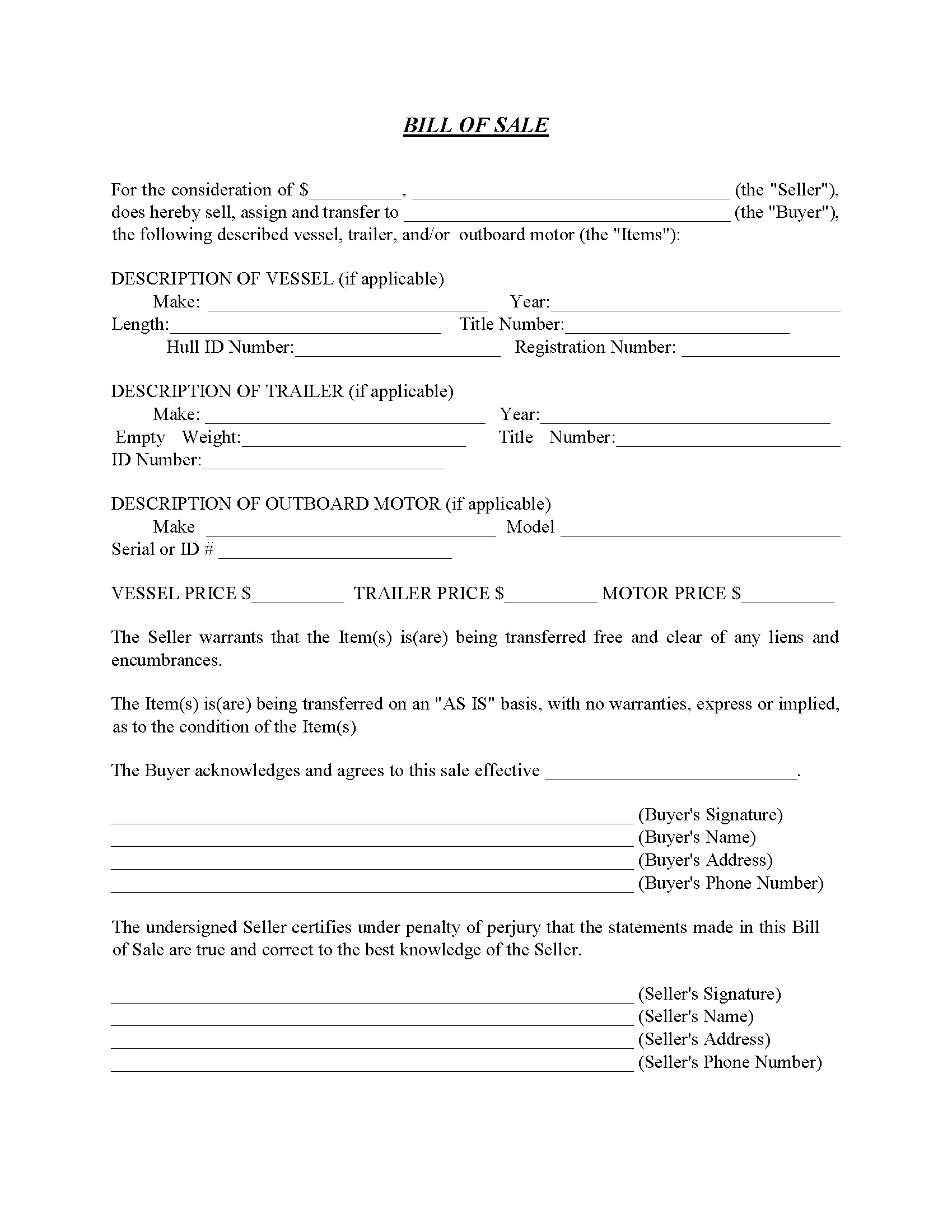 Alabama Boat Bill of Sale Form - Word - Free Printable Legal Forms