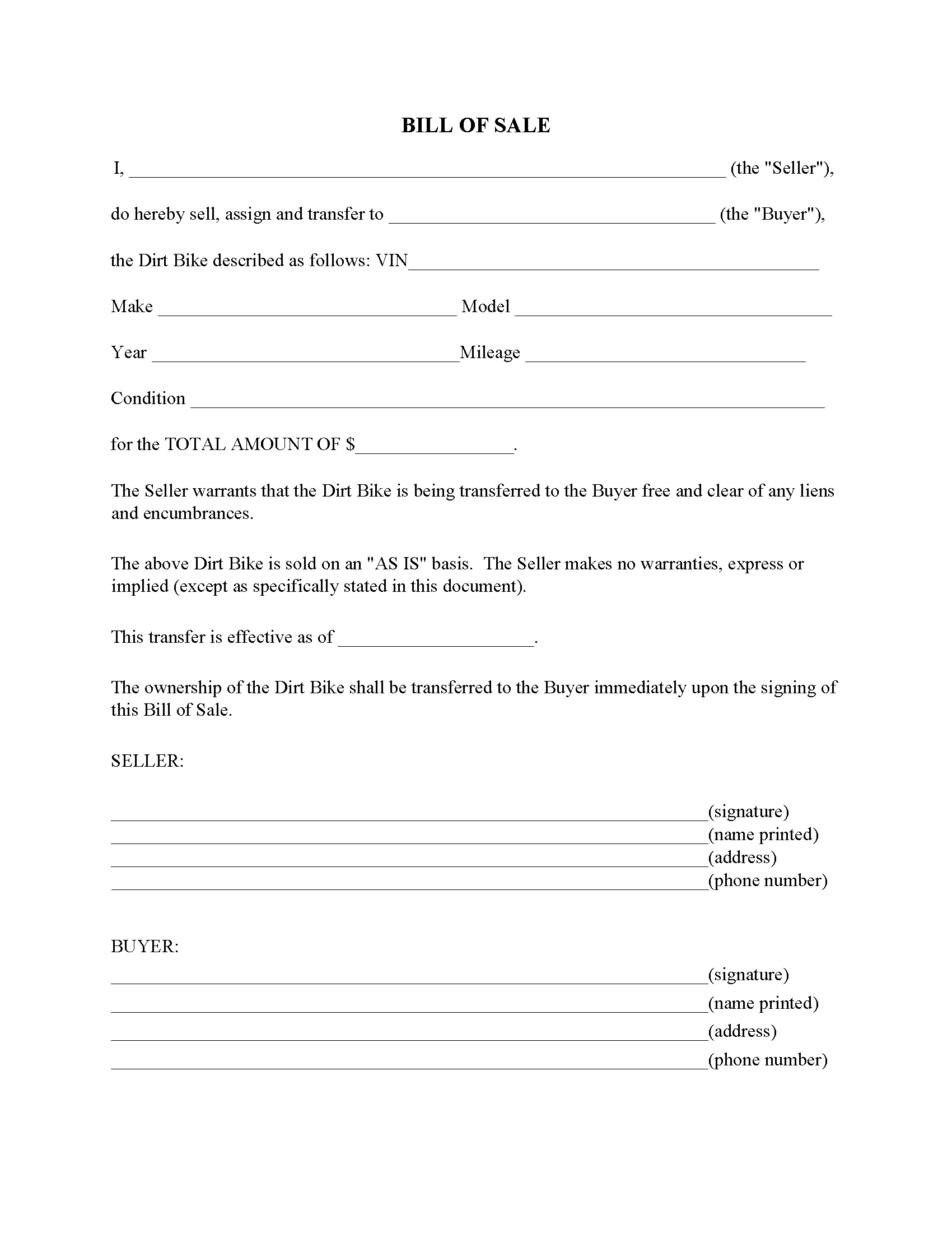 Dirt Bike Bill of Sale Form Fillable PDF Free Printable Legal Forms