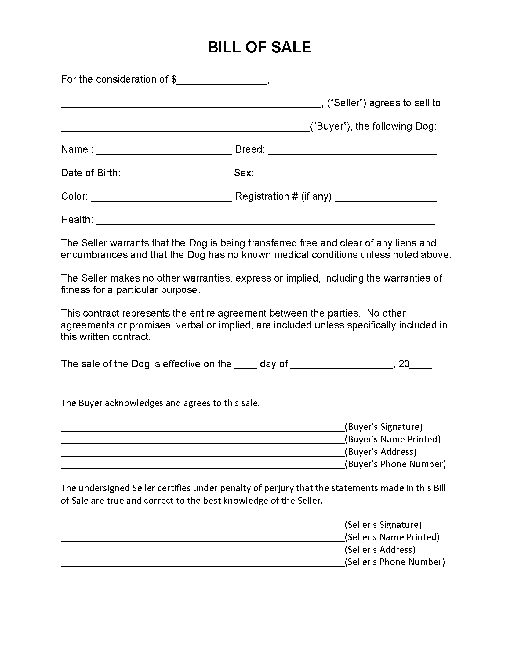 Dog Bill of Sale Form Fillable PDF Free Printable Legal Forms