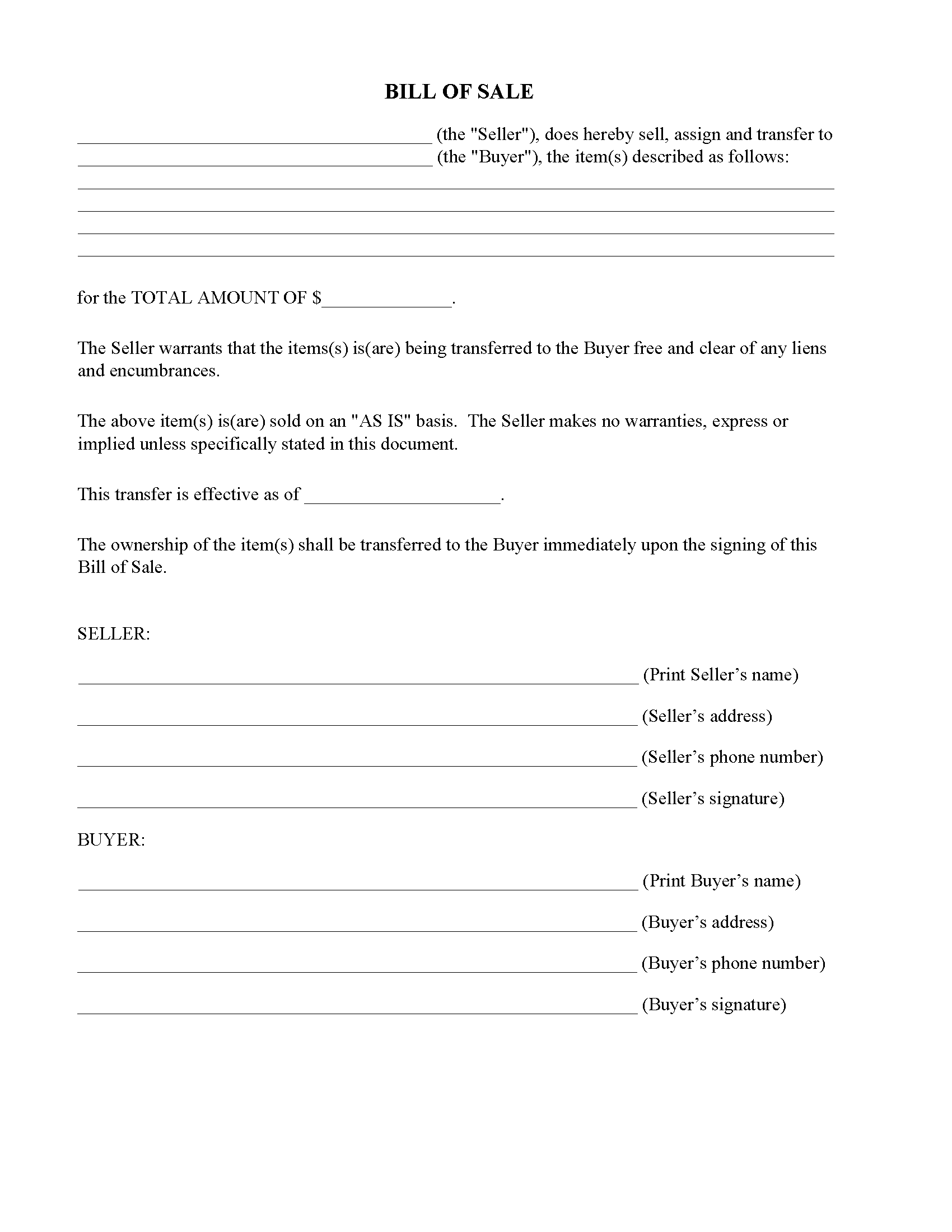 Generic Bill Of Sale Form Fillable Pdf Free Printable Legal Forms