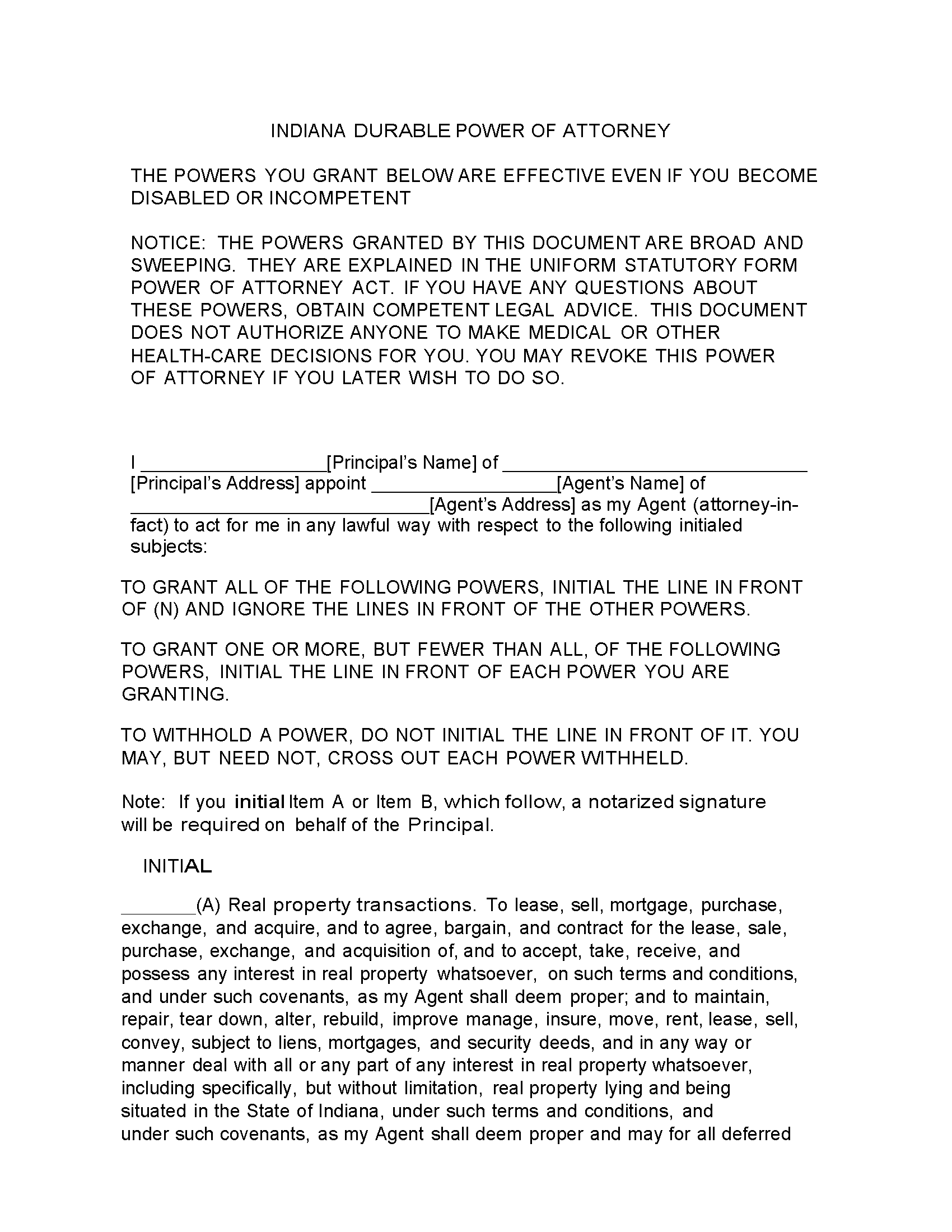 Indiana Durable Power of Attorney Form - Fillable PDF ...
