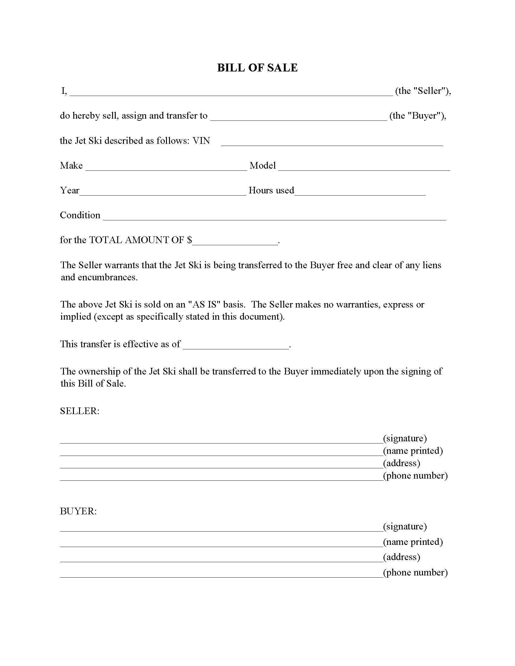 Jet Ski Bill of Sale Form - Fillable PDF - Free Printable Legal Forms