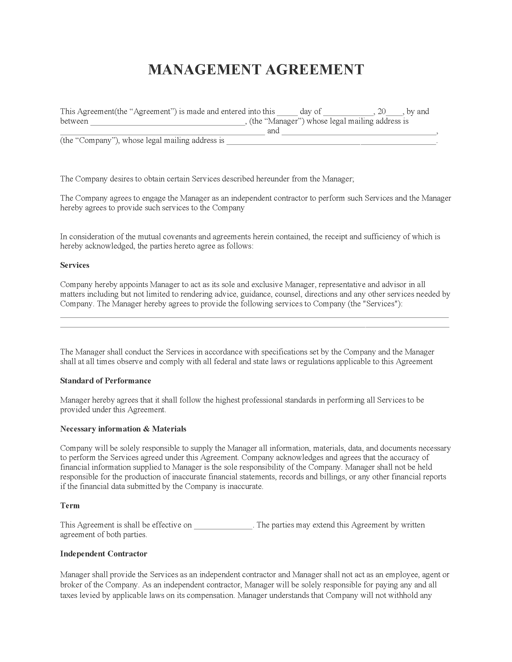 Management Agreement Word Free Printable Legal Forms