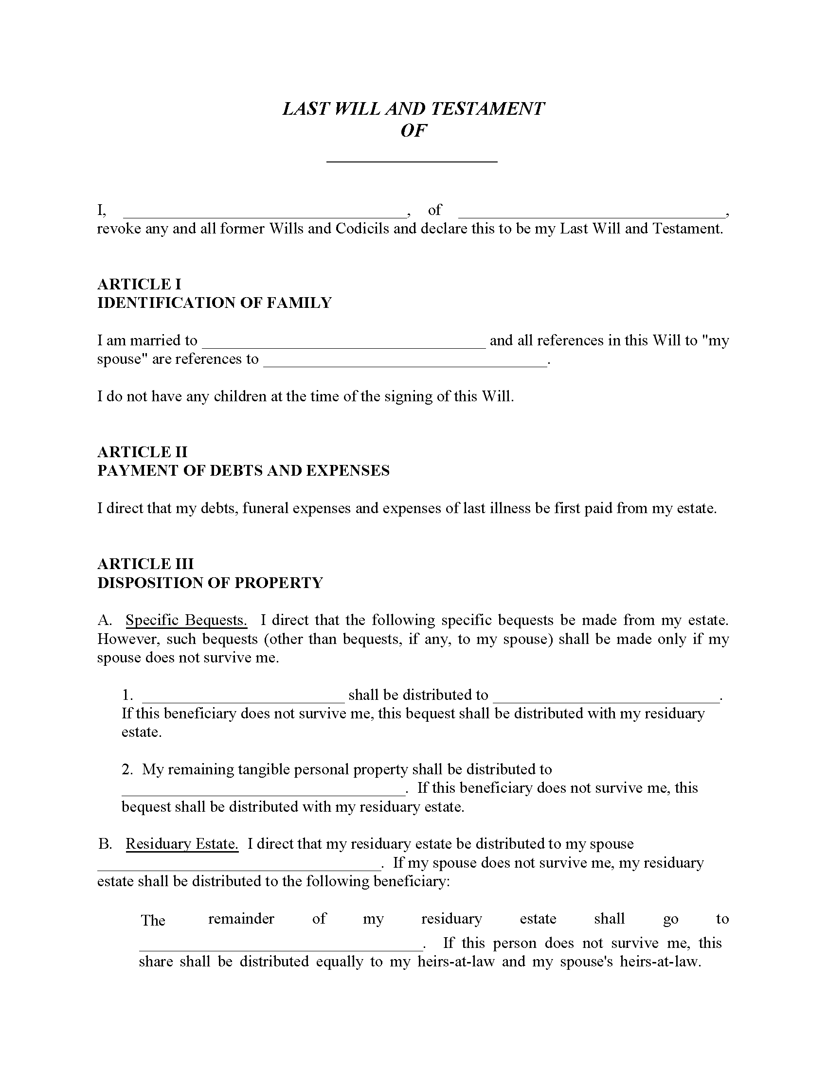 Pennsylvania Will For Married With No Children Fillable PDF Free
