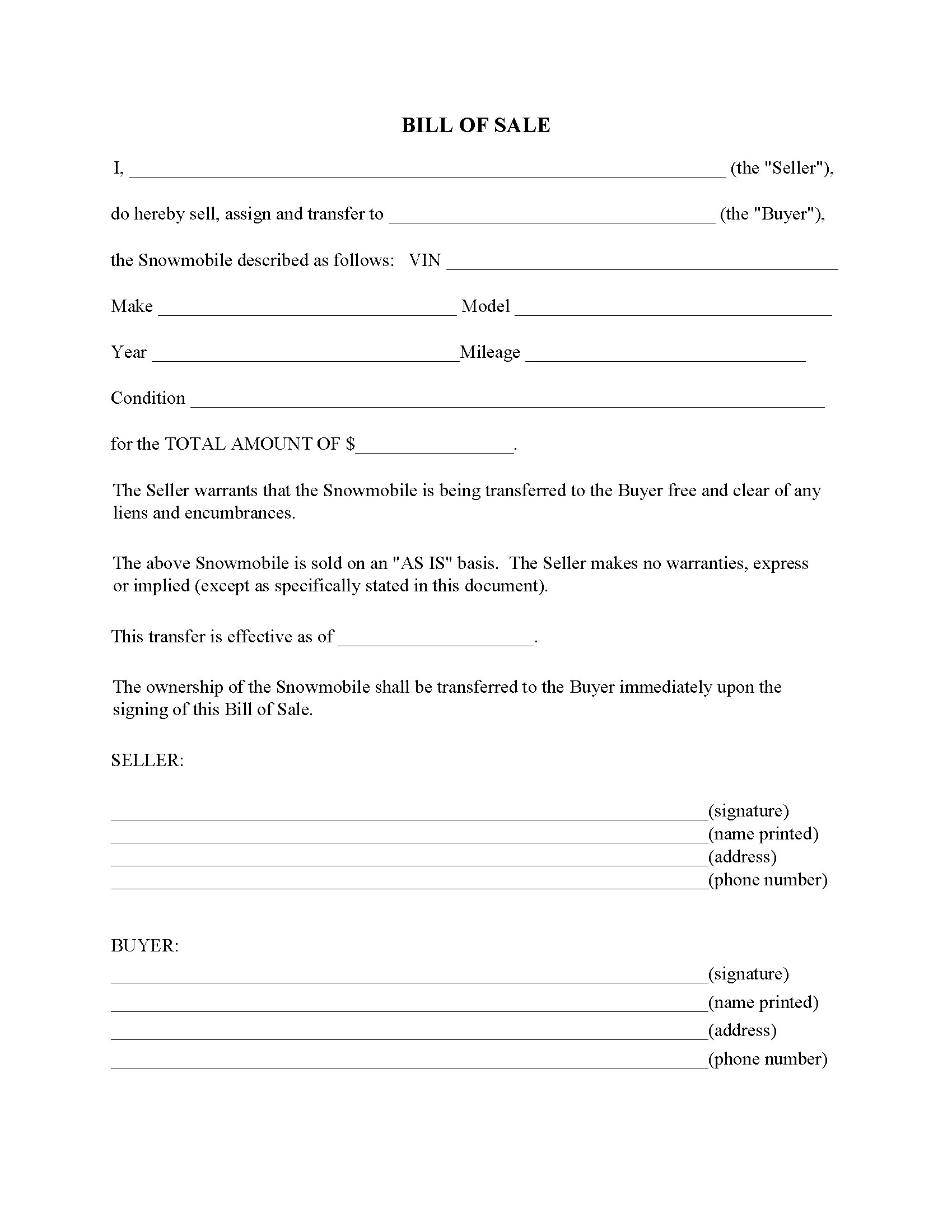 Rhode Island Snowmobile Bill of Sale Form - Word - Free Printable With Regard To Bill Of Sale Template Ri