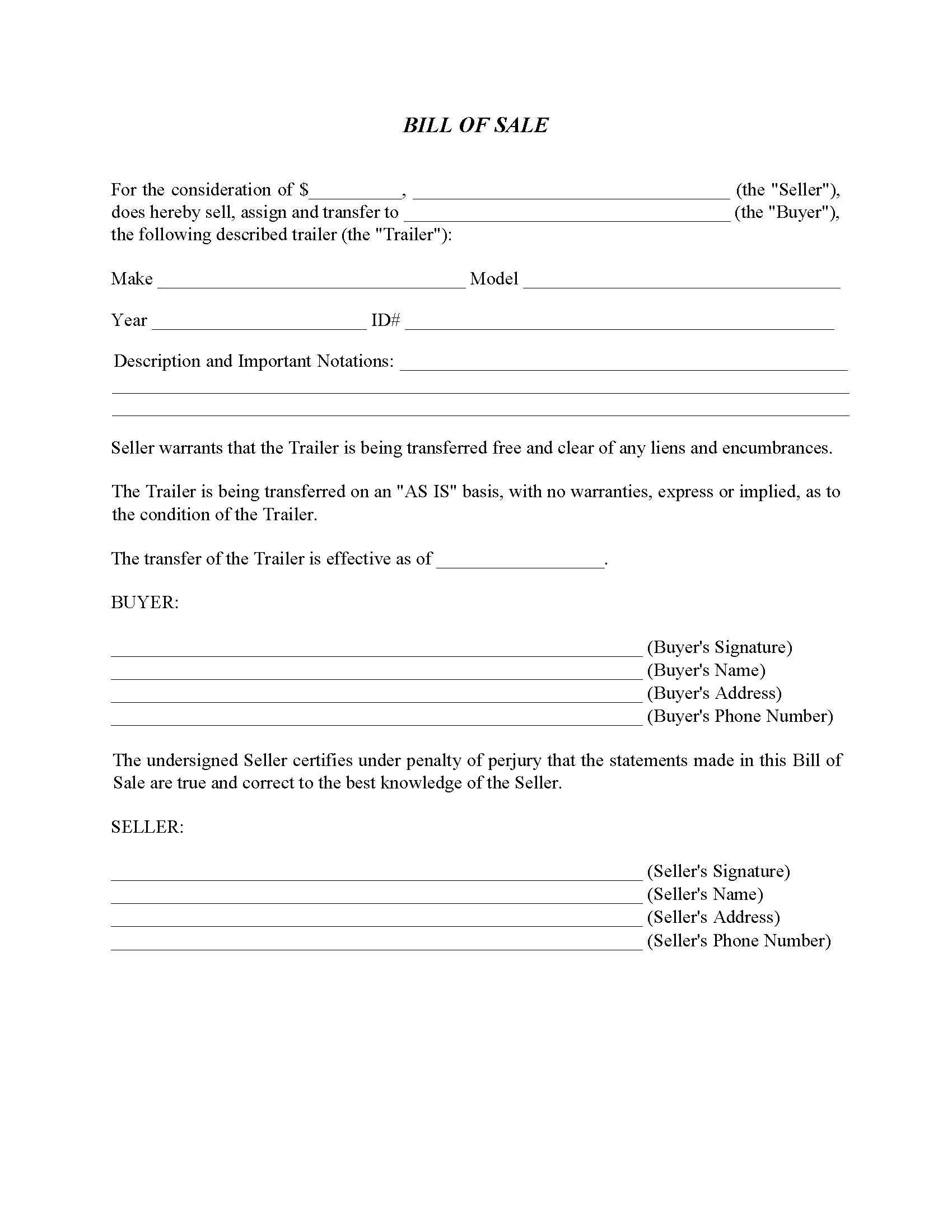 Tennessee Trailer Bill of Sale Form - PDF
