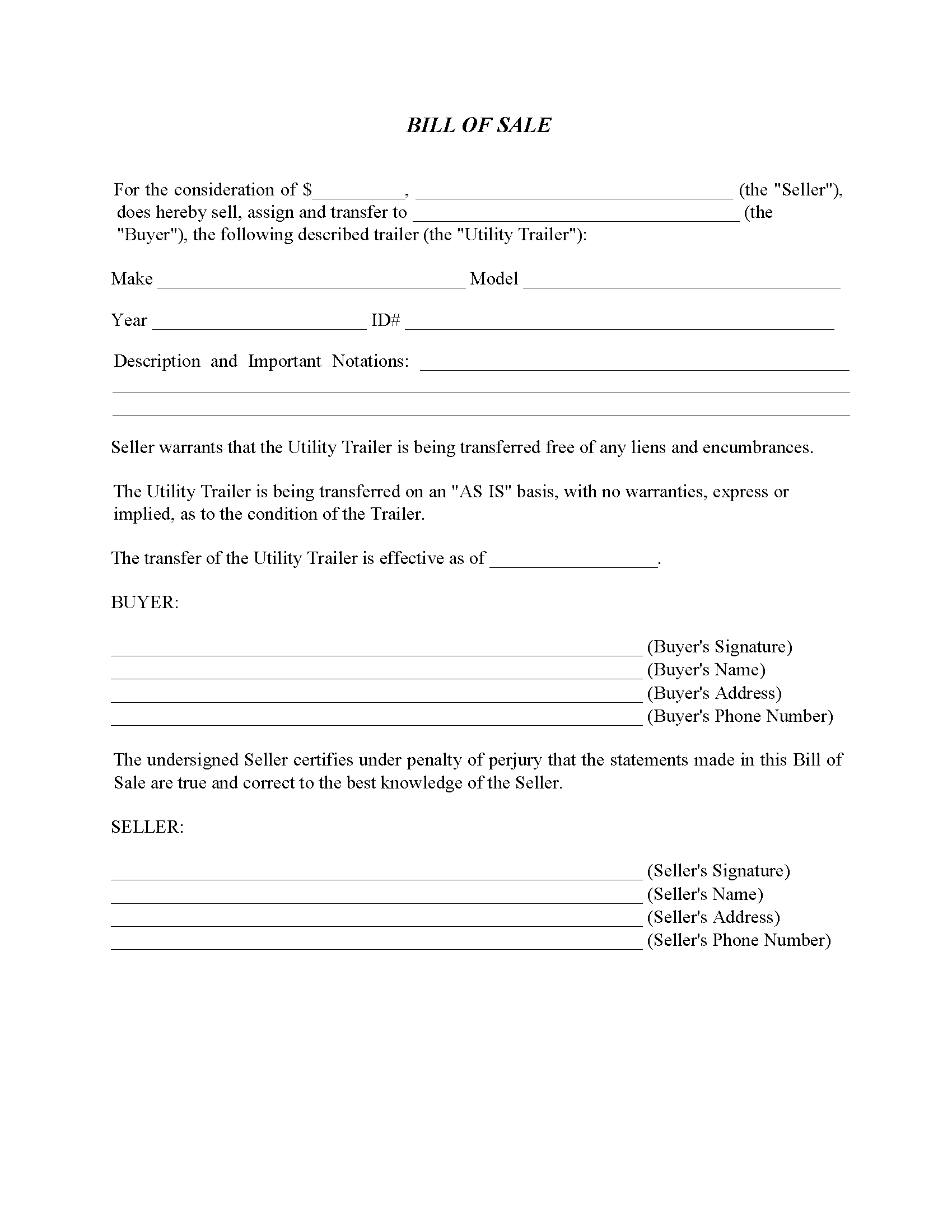 Utility Trailer Bill Of Sale Form Fillable Pdf Free Printable Legal