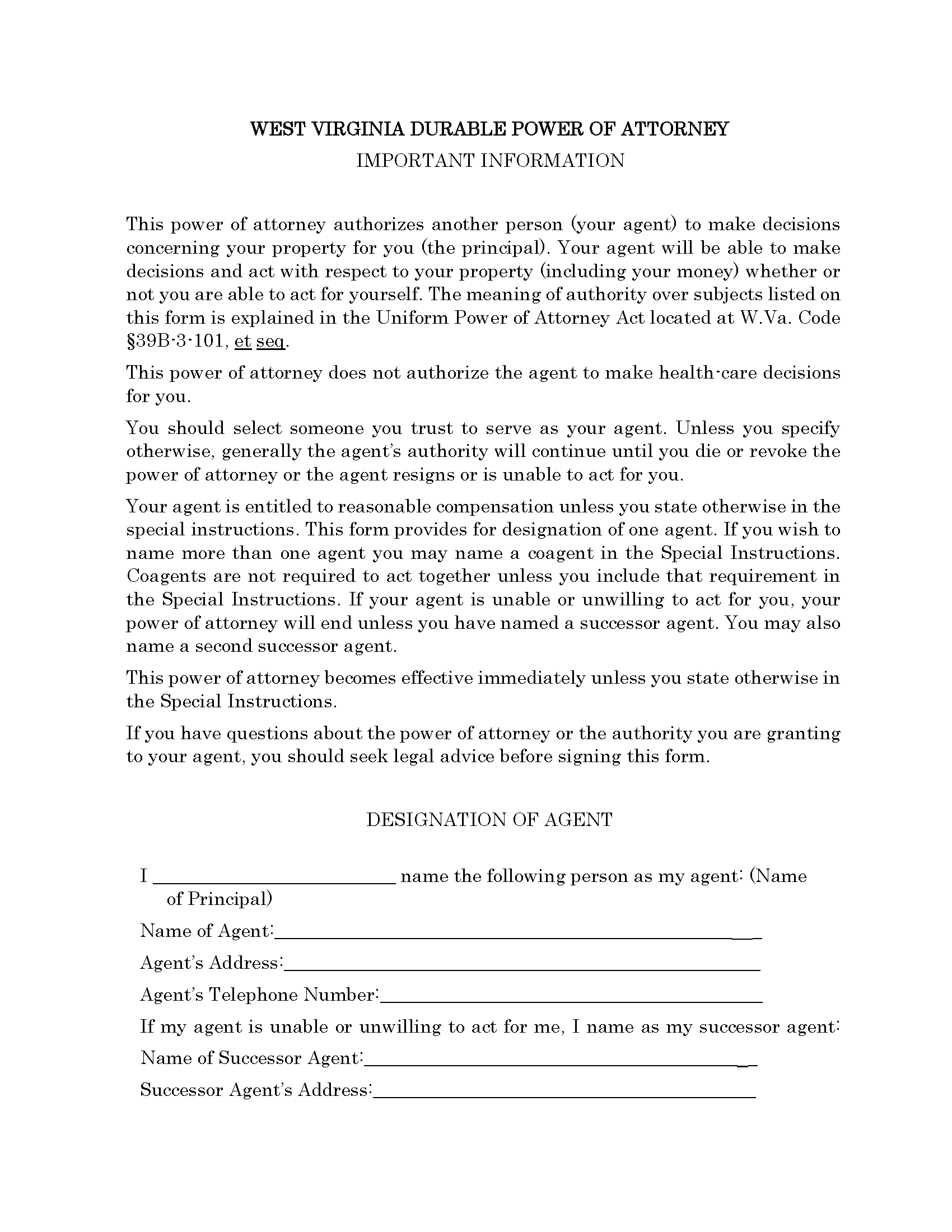 West Virginia Durable Power of Attorney Form - Fillable PDF - Free Printable Legal Forms