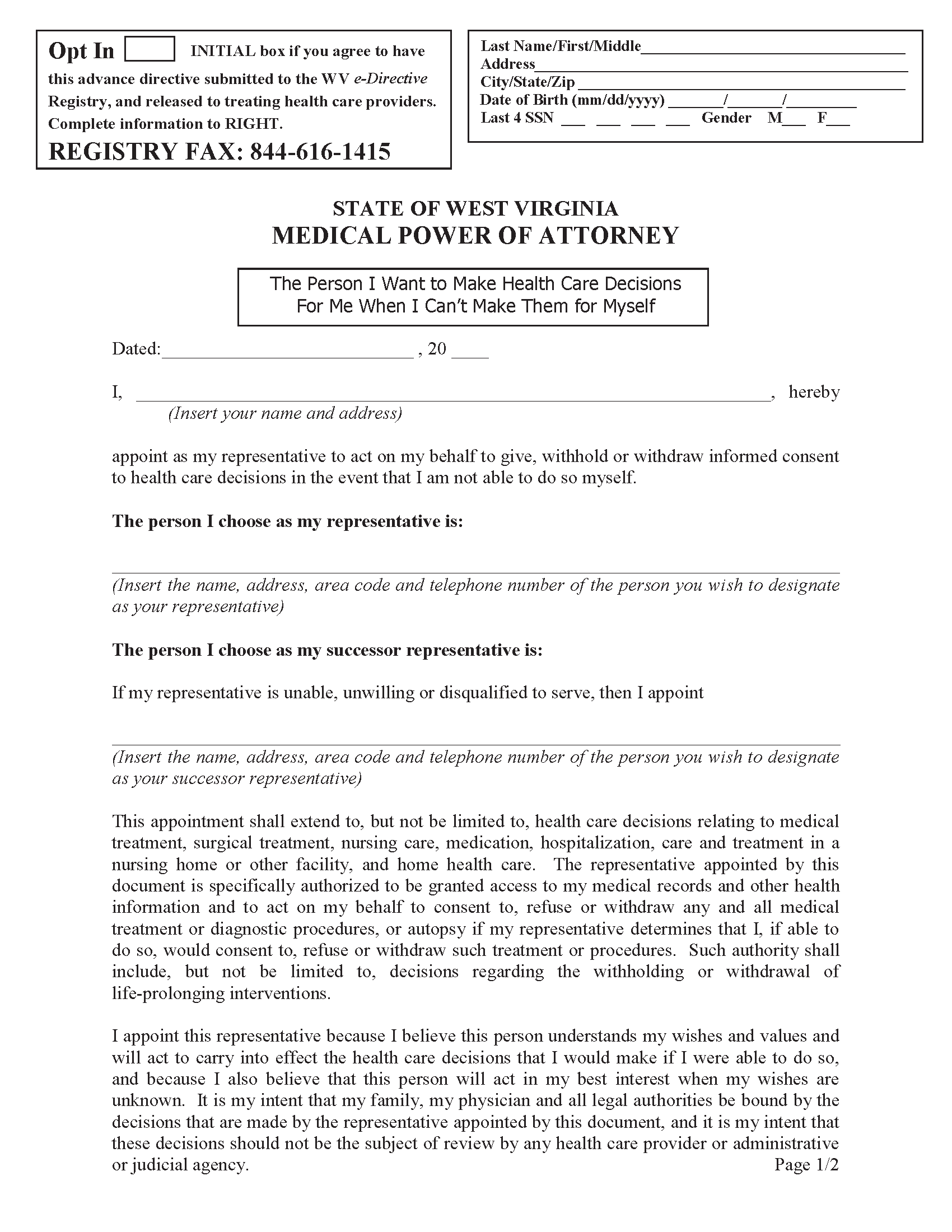 West Virginia Medical Power of Attorney PDF Free Printable Legal Forms