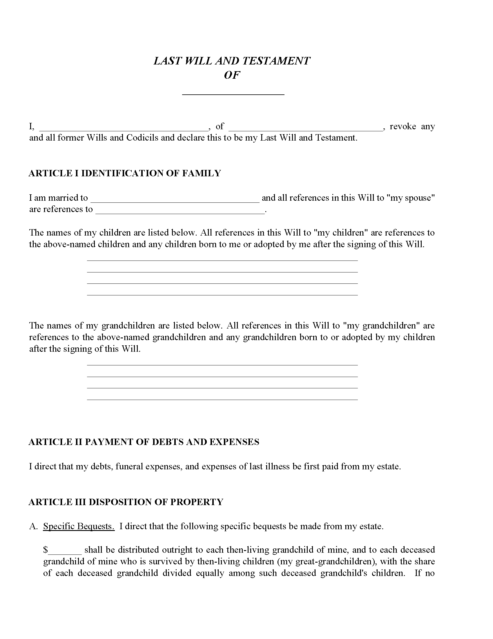 Will For Grandparent With Grandchildrens Trust Fillable PDF Free 
