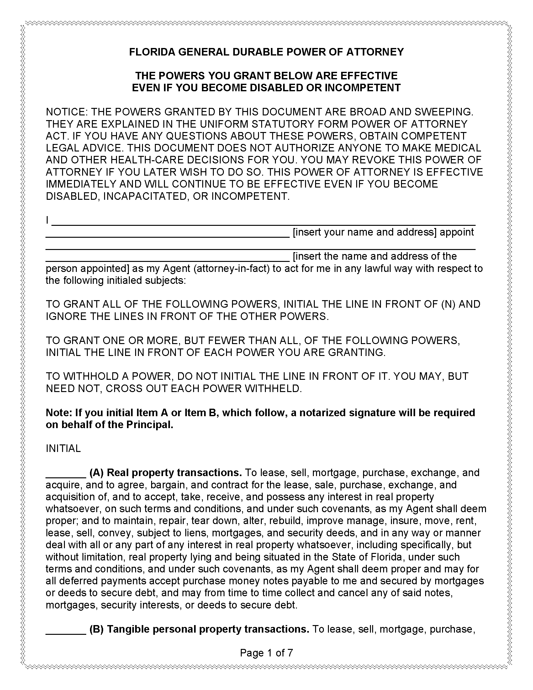 Florida Durable Power of Attorney Form Free Printable Legal Forms