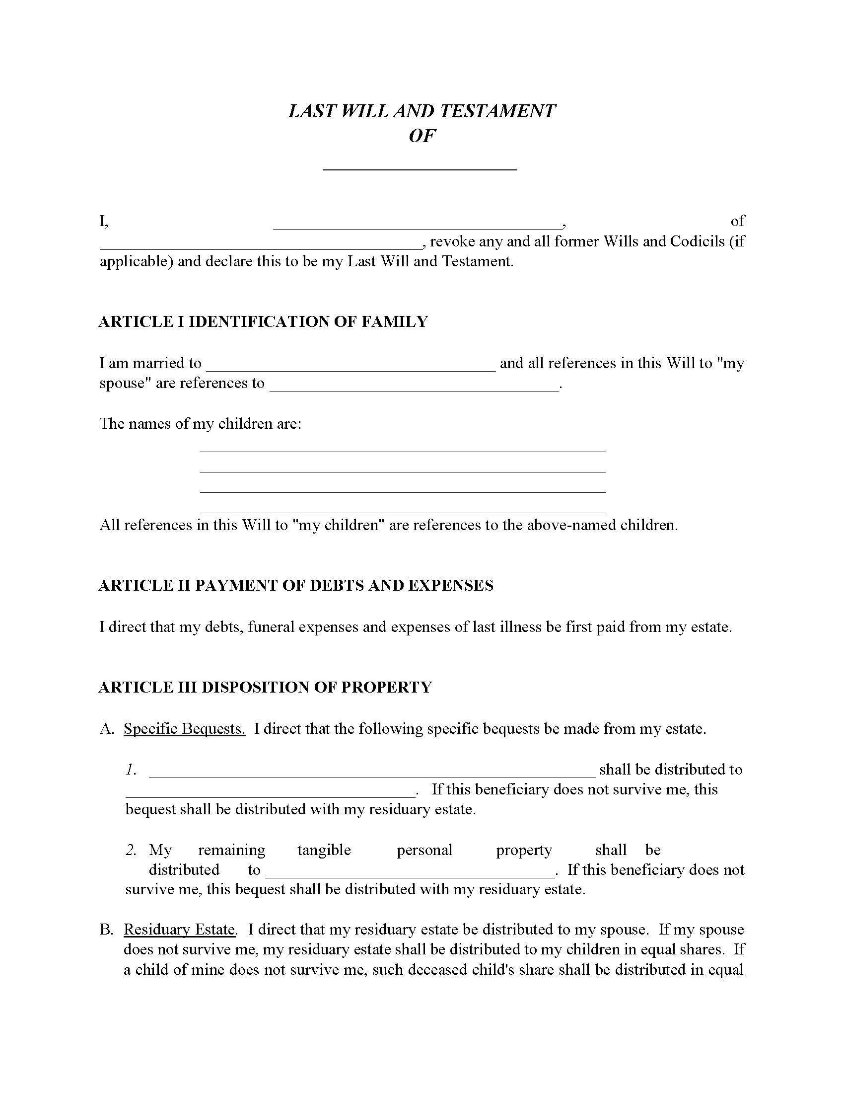 Will For Married With Children Free Printable Legal Forms