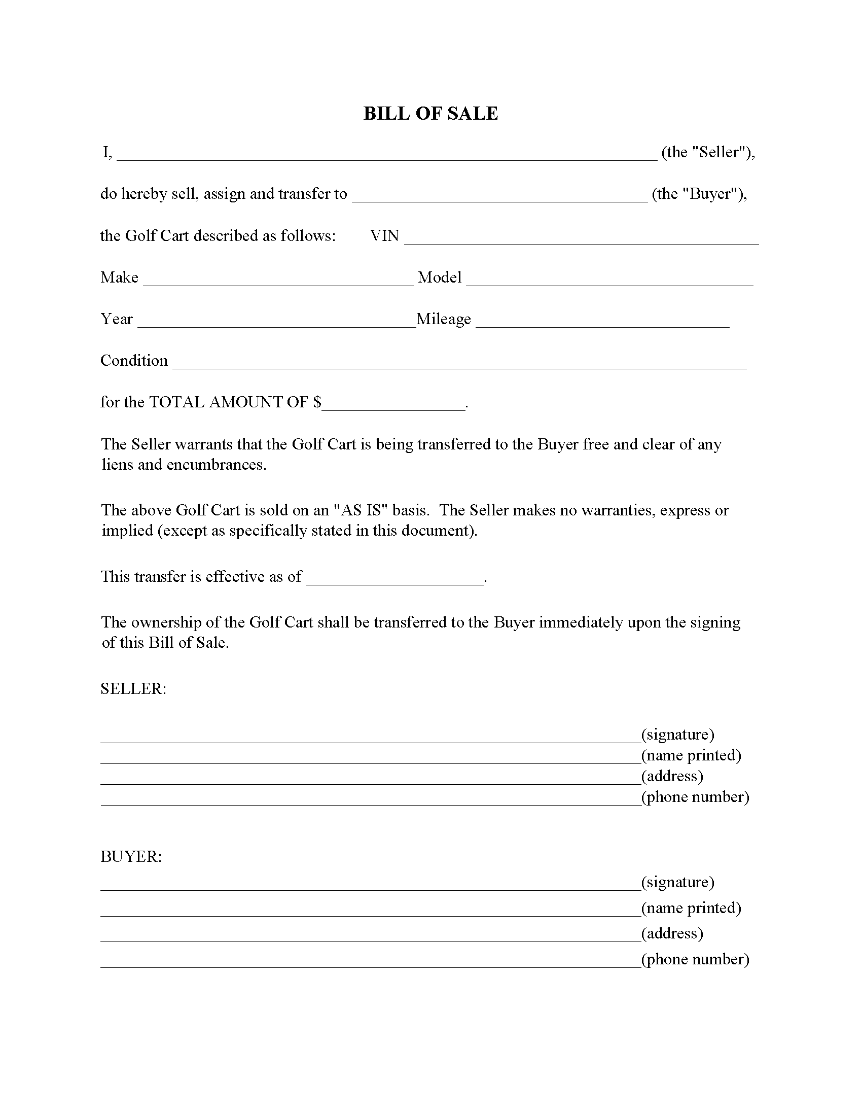 Golf Cart Bill of Sale Form Free Printable Legal Forms