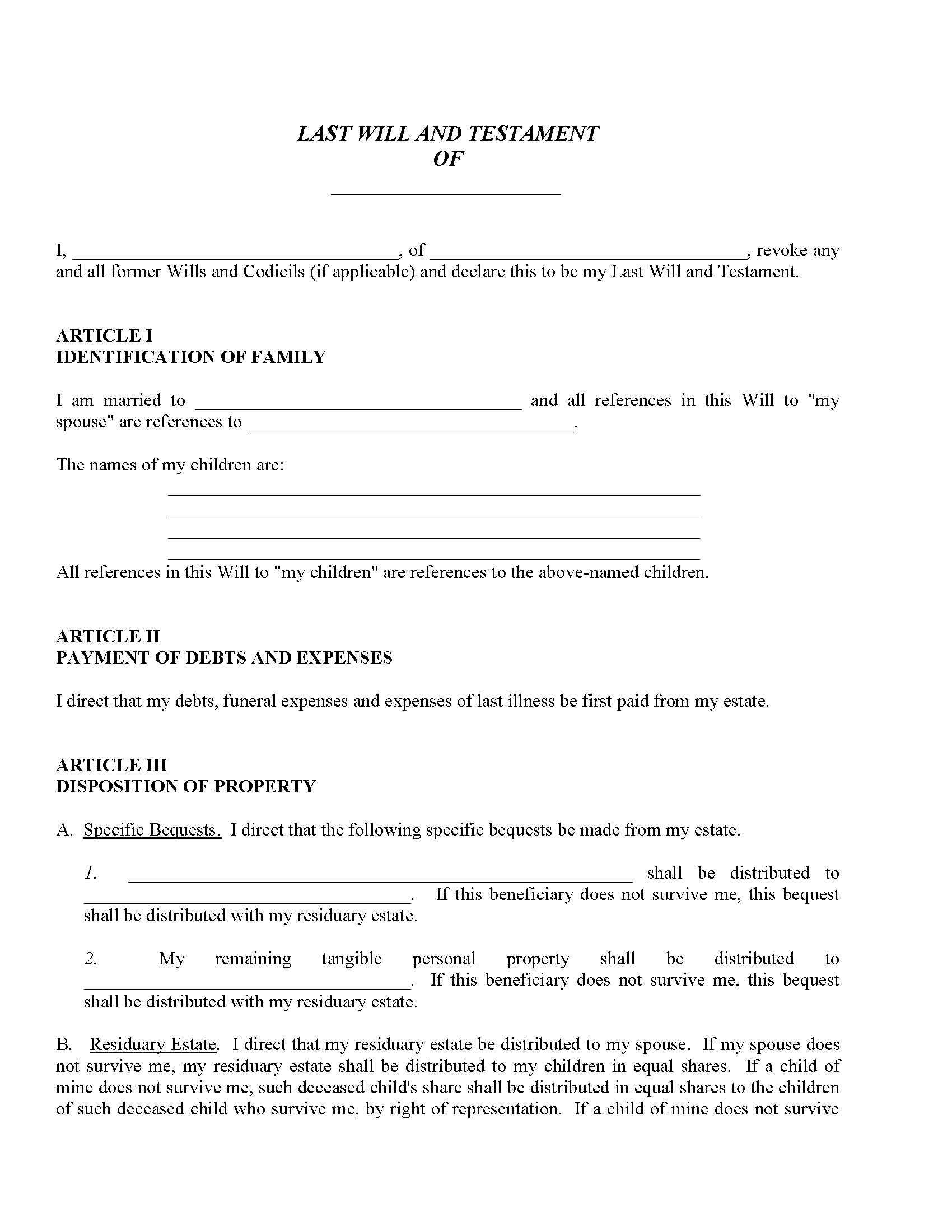 Pennsylvania Last Will and Testament Free Printable Legal Forms