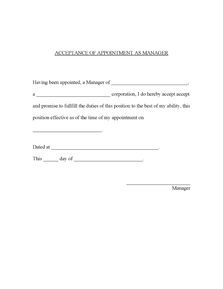 Acceptance of Appointment as Manager Acceptance of Appointment as Manager