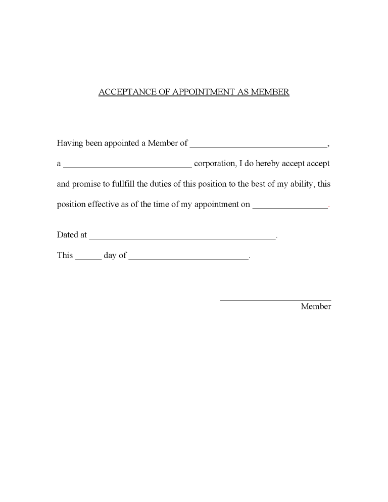 Acceptance of Appointment as Member Acceptance of Appointment as Member