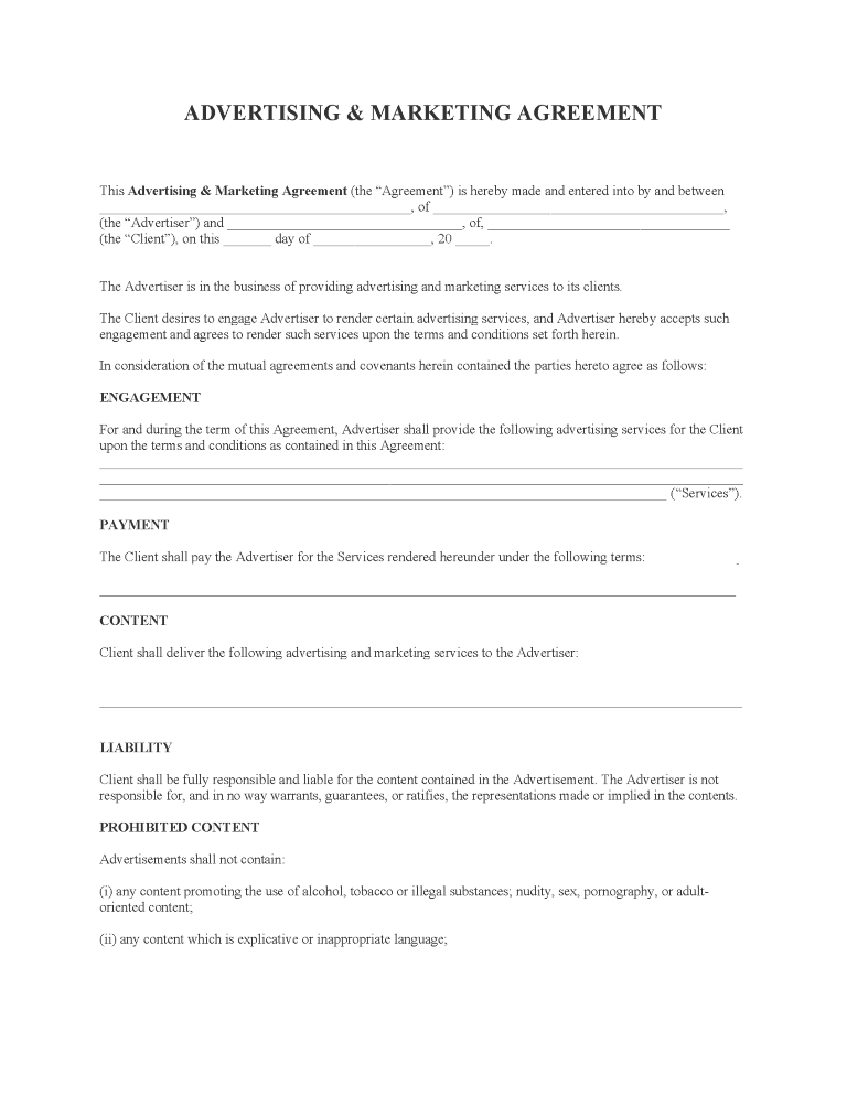Advertising & Marketing Agreement Advertising and Marketing Agreement Form