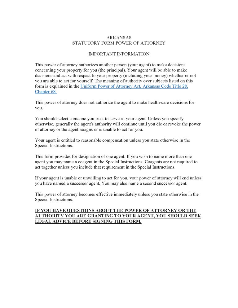 Arkansas Durable Power of Attorney Form Arkansas Durable Power of Attorney Form