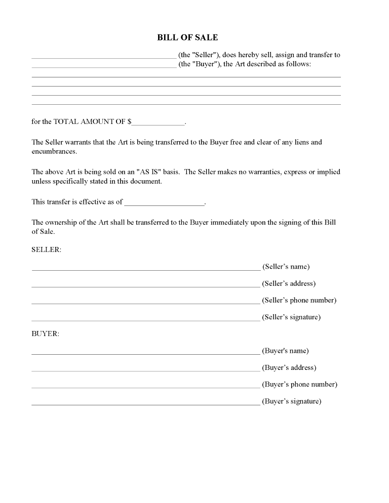 Art Bill of Sale Form Art Bill of Sale Form