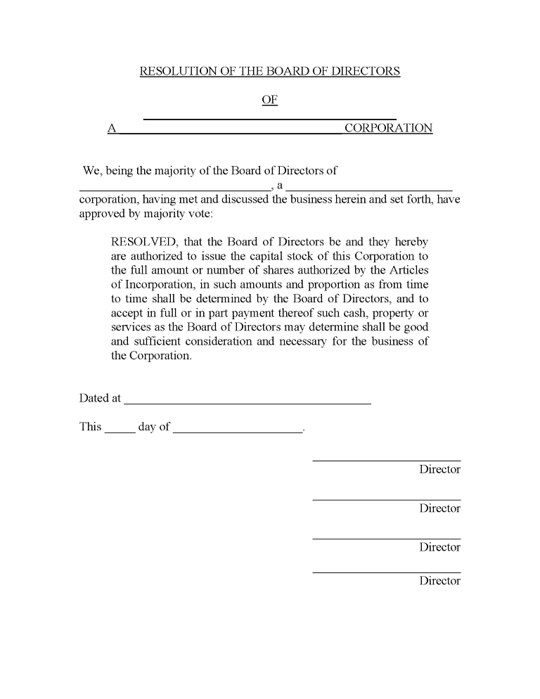 Authorization To Issue Stock Authorization to Issue Stock