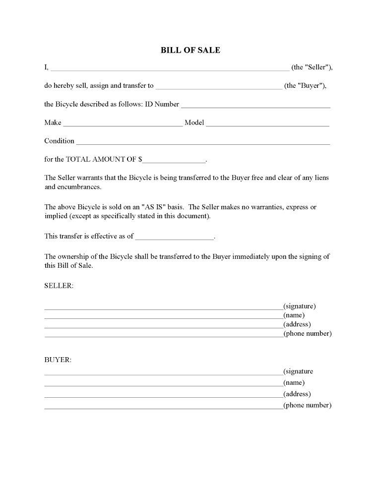 Bicycle Bill of Sale Form Bicycle Bill of Sale Form