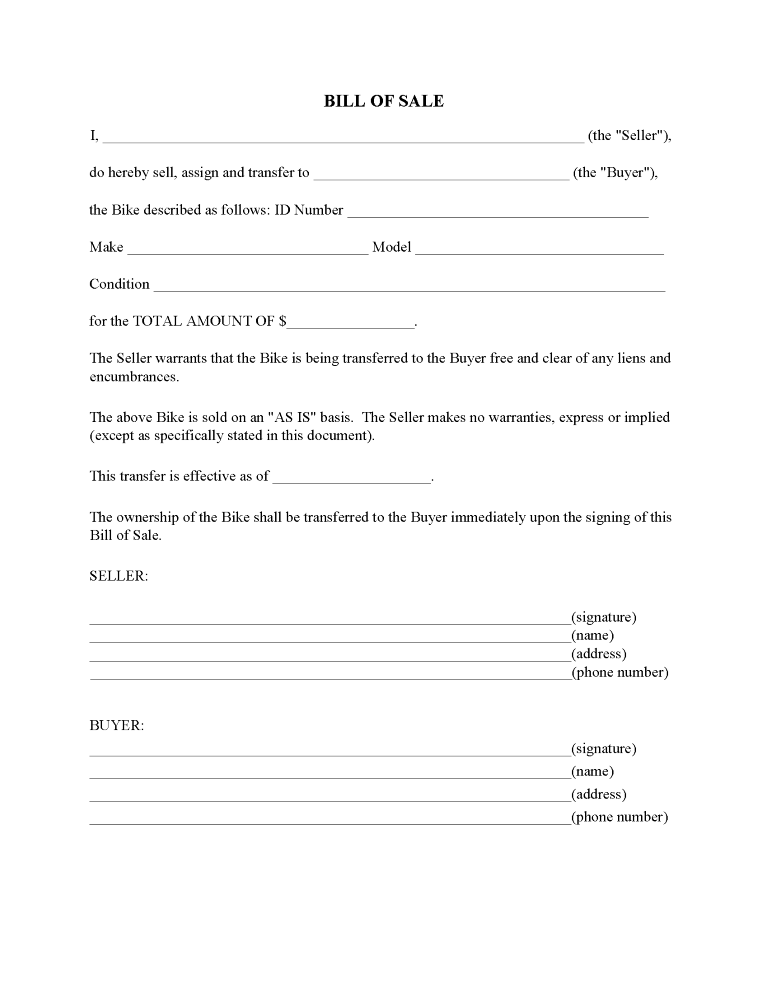 Bike Bill of Sale Form Bike Bill of Sale Form