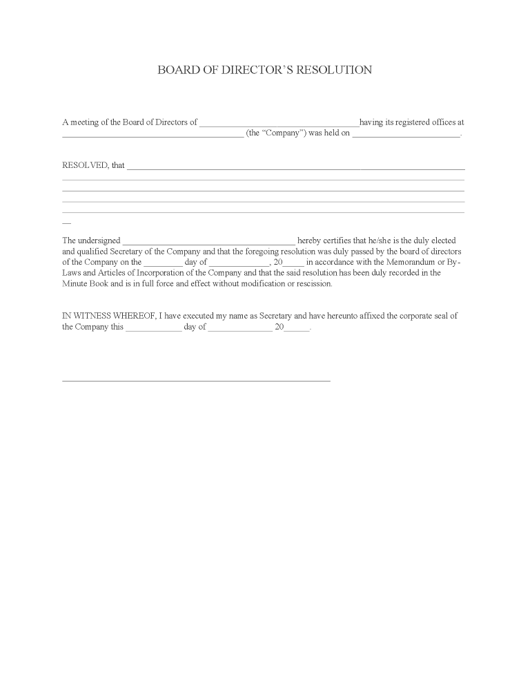Board of Directors Resolution Board of Directors Resolution Form