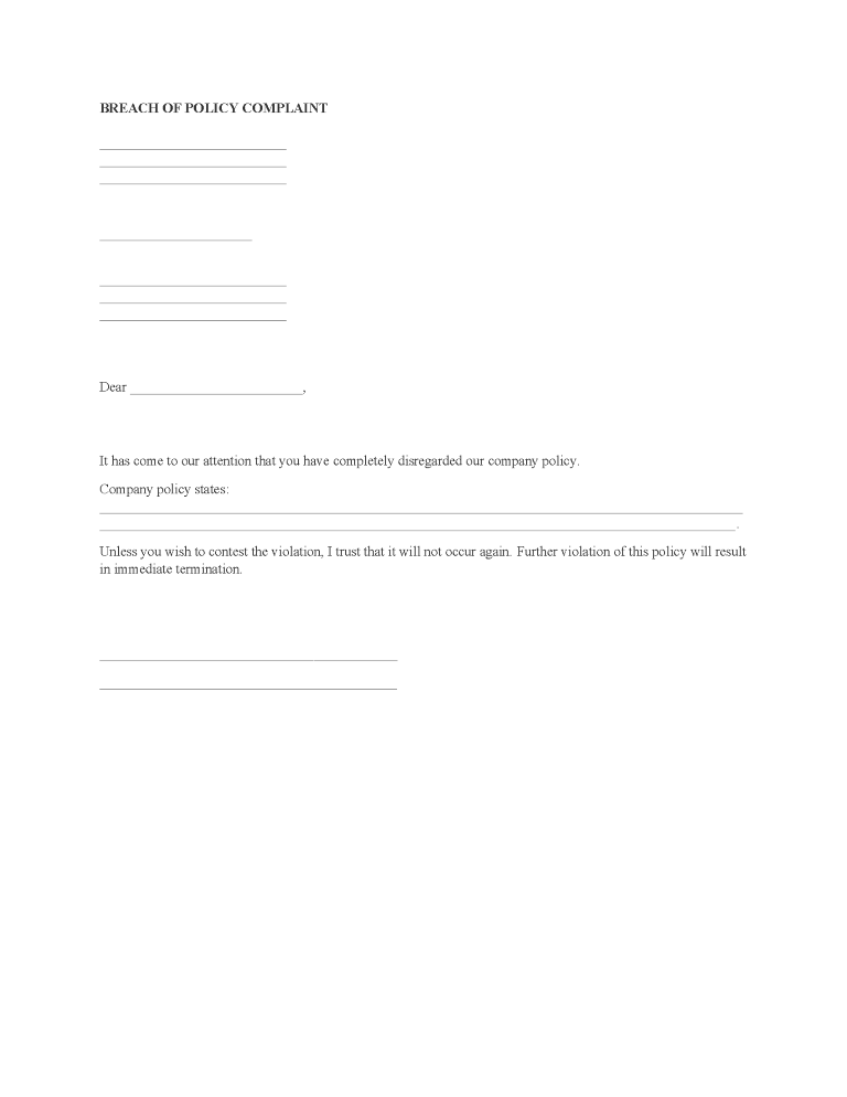 Breach of Company Policy Complaint Breach of Company Policy Complaint Form