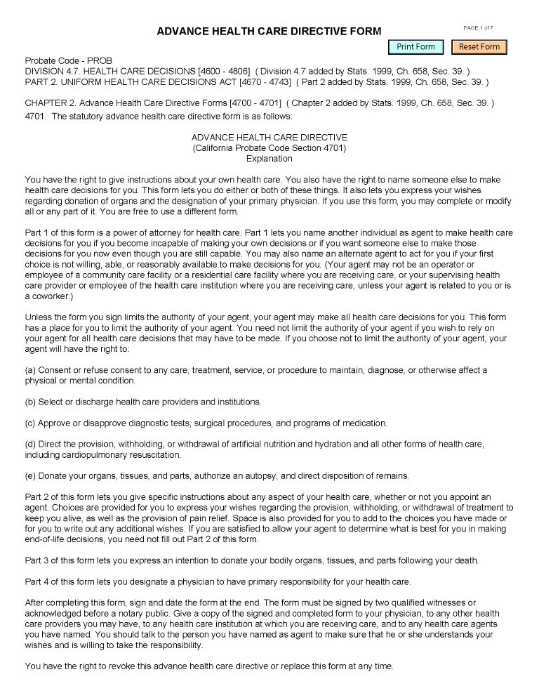 California Advance Directive For Health Care California Advance Directive For Health Care Form