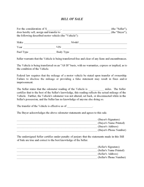 Bill of Sale For Car Word