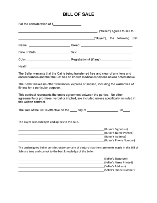 Cat Bill of Sale PDF