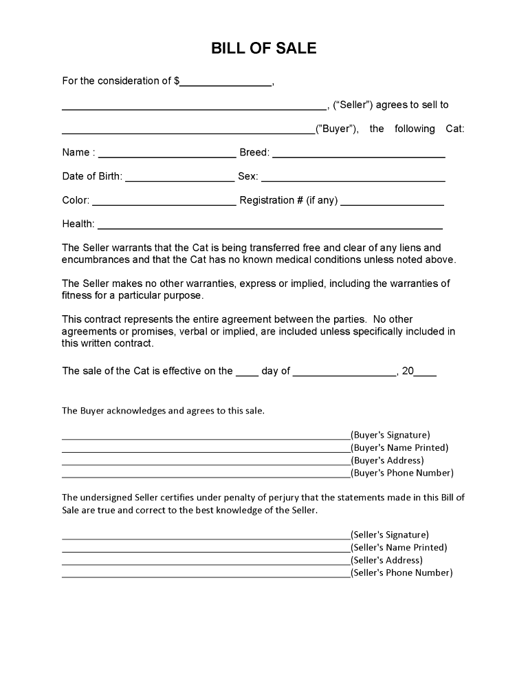 Cat Bill of Sale Form Cat Bill of Sale Form