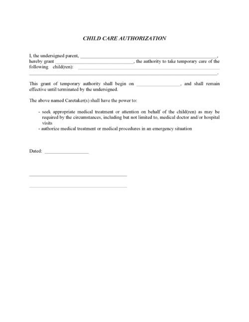 Child Care Authorization Form - Free Printable Legal Forms
