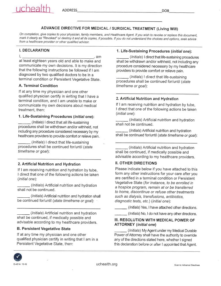 Colorado Advance Directive For Health Care Colorado Advance Directive For Health Care Form