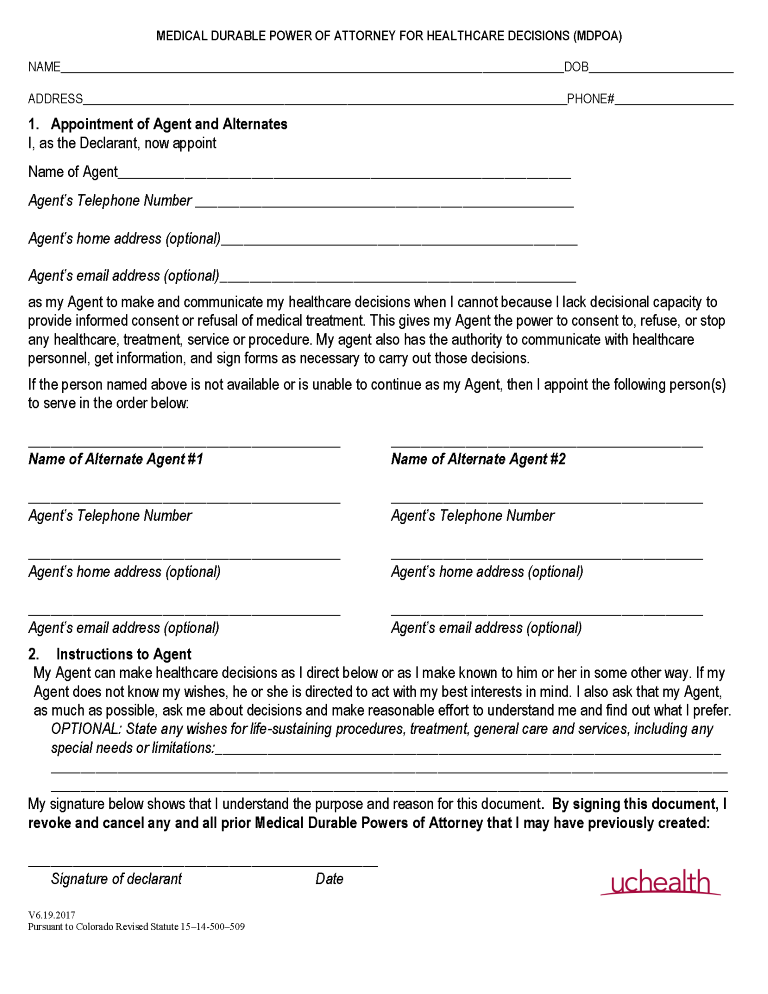Colorado Health Care Power of Attorney Form Colorado Health Care Power of Attorney Form