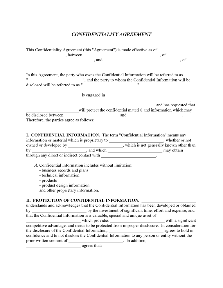 Confidentiality Agreement Forms Confidentiality Agreement Forms