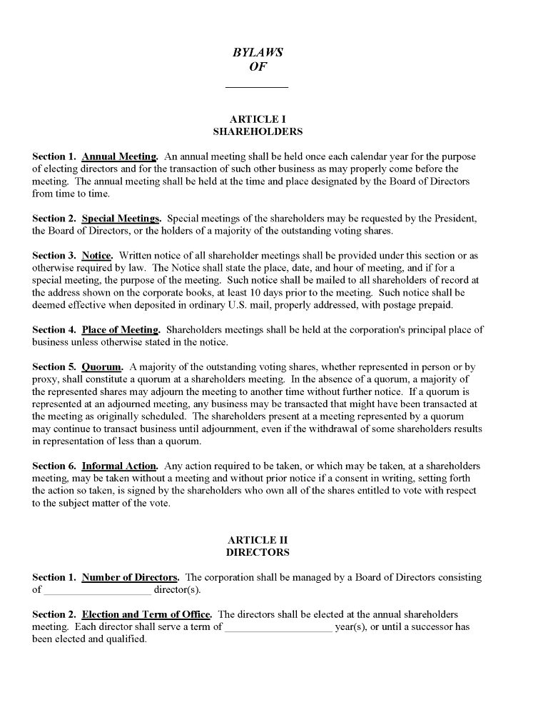 Corporate Bylaws Form Corporate Bylaws Form