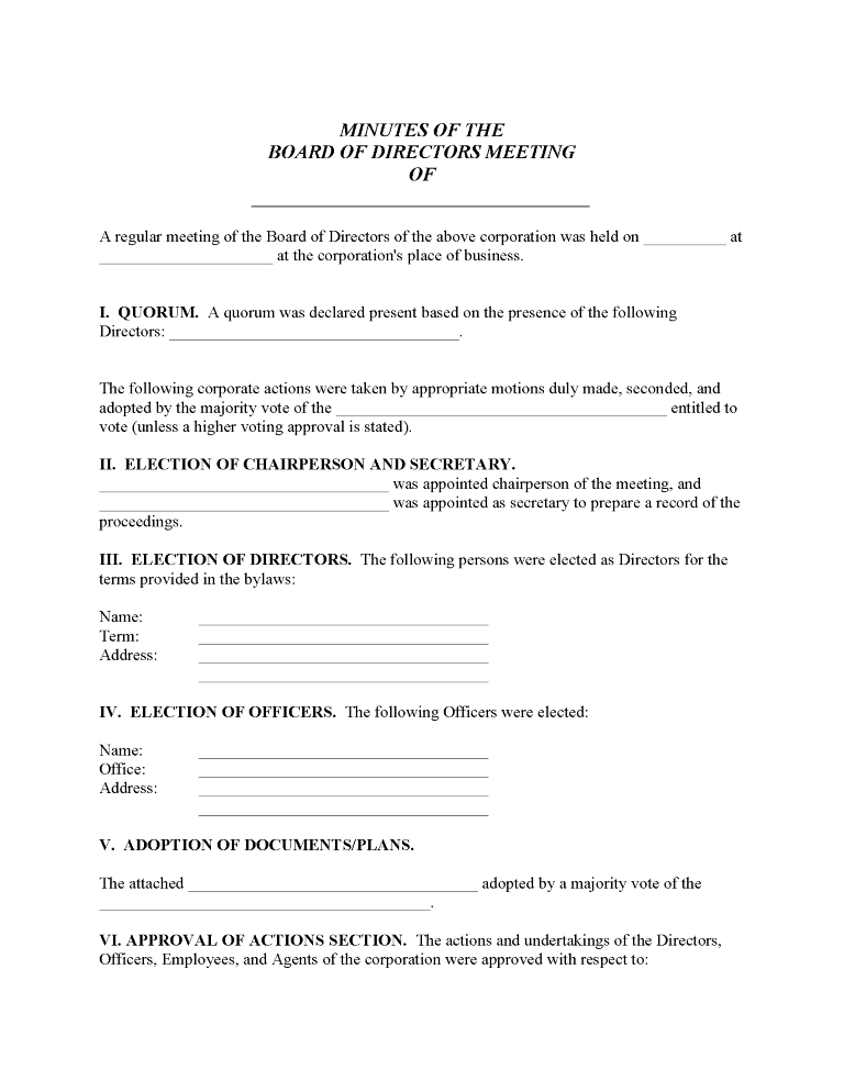 Corporate Minutes Form Corporate Minutes Form