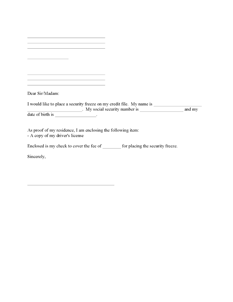 Credit Freeze Request Form