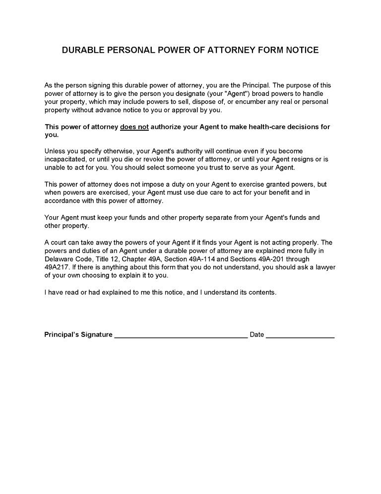 Delaware Durable Power of Attorney Form Delaware Durable Power of Attorney Form