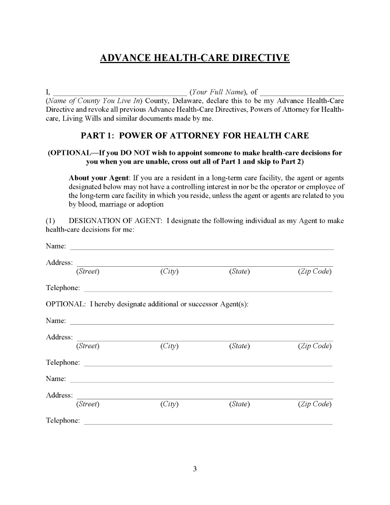 Delaware Health Care Power of Attorney Form Delaware Health Care Power of Attorney Form