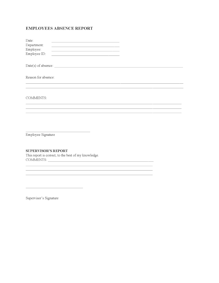 Employee Absence Report Form Employee Absence Report Form