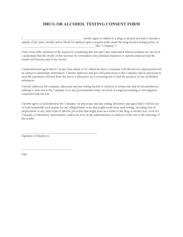 Employee Drug or Alcohol Testing Consent Form Employee Drug or Alcohol Testing Consent Form