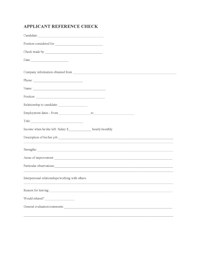 Employee Reference Check Form Employee Reference Check Form