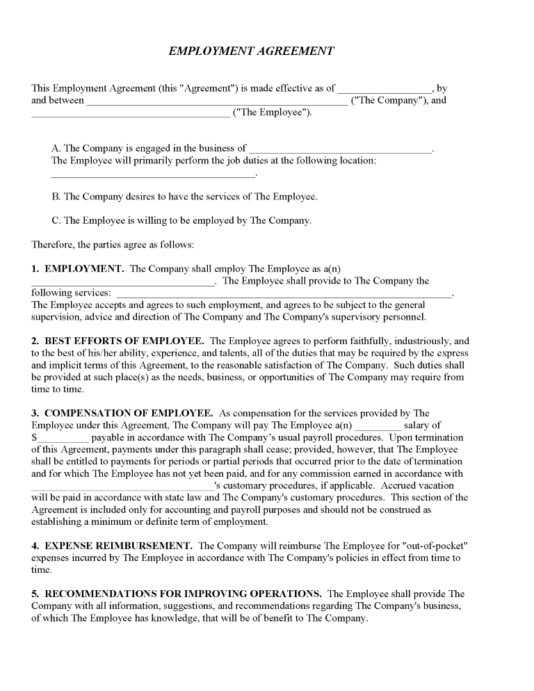 Employment Agreement Standard Form Employment Agreement Standard Form
